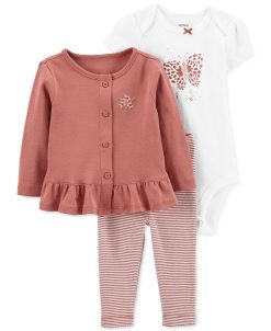 Carter's™ Baby Girls Butterfly Cardigan, Bodysuit And Pants, 3 Piece Set