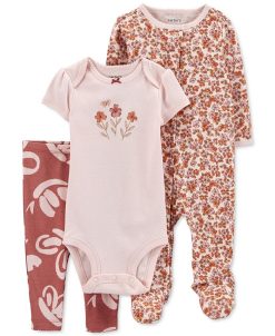 Carter's™ Baby Girls Printed Bodysuit, Pants, And Footed Coverall, 3 Piece Set