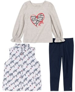 Tommy Hilfiger Baby Girls Quilted Signature Vest, T Shirt And Leggings, 3 Piece Set