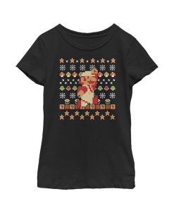 NINTENDO Girl's Ugly Christmas Super Mario Pixel Child T-Shirt