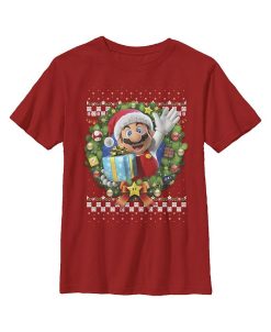 NINTENDO Boy's Ugly Christmas Mario Wreath Child T-Shirt