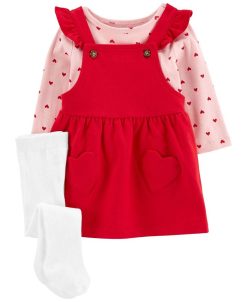 Carter's™ Baby Girls Heart T-shirt, Jumper And Tights, 3 Piece Set