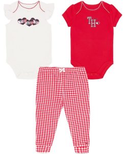 Tommy Hilfiger Baby Girls Crochet Trim Signature Bodysuits And Joggers, 3 Piece Set
