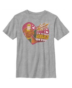 DC COMICS Boy's Justice League Valentine's Day Aquaman I'm Totally Hooked On You Child T-Shirt