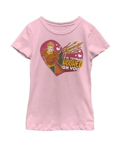 DC COMICS Girl's Justice League Valentine's Day Aquaman I'm Totally Hooked On You Child T-Shirt